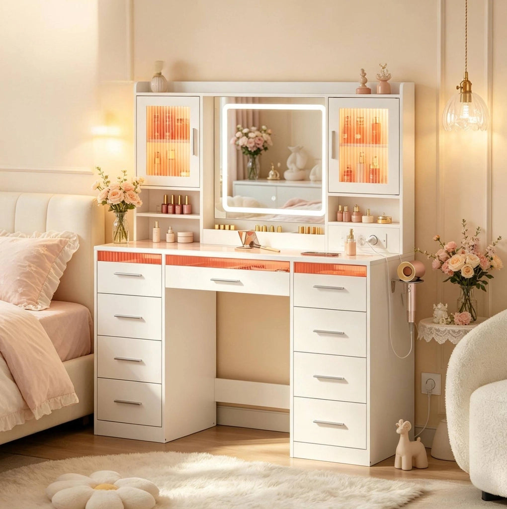 Toeletta 110x40x140 cm in legno e vetro bianco con LED e contenitori per camera