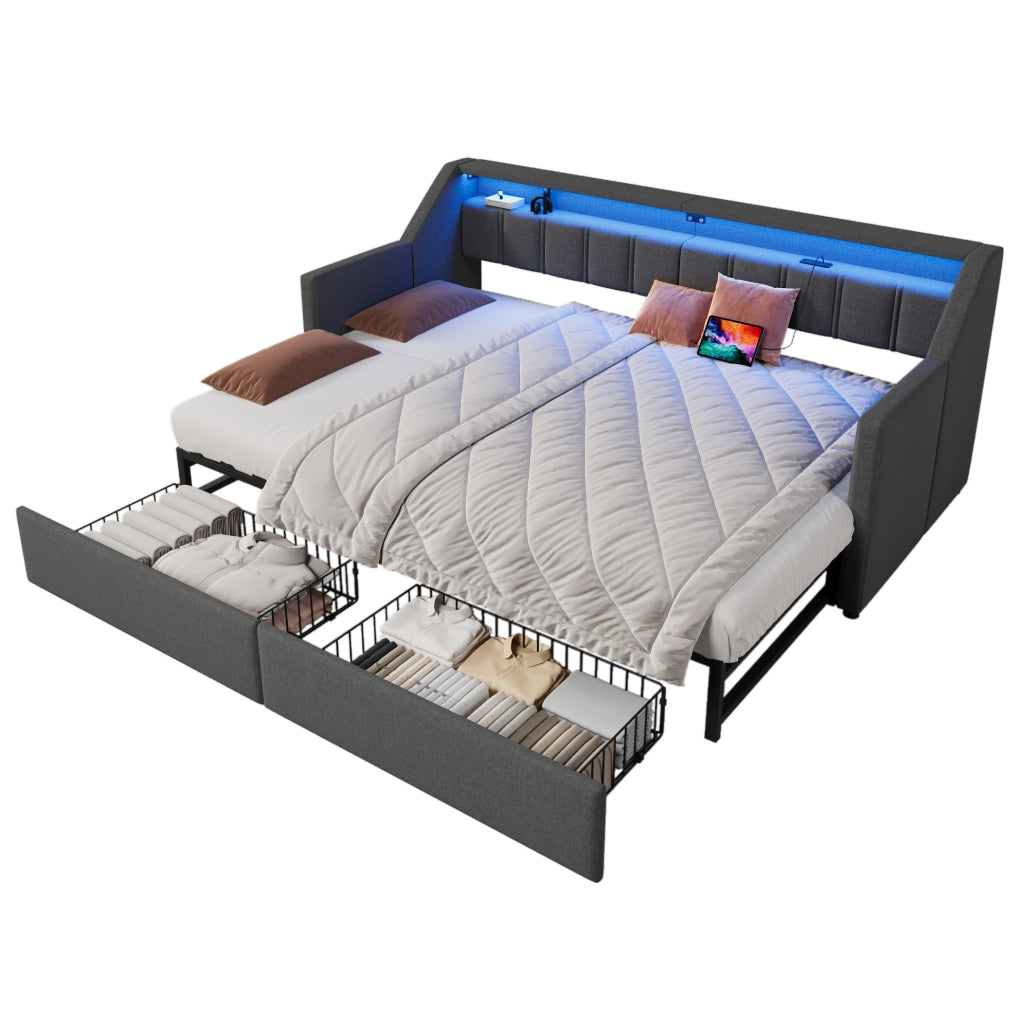 Divano letto 90x200 cm con USB, Type-C, LED e 2 cassetti grigio