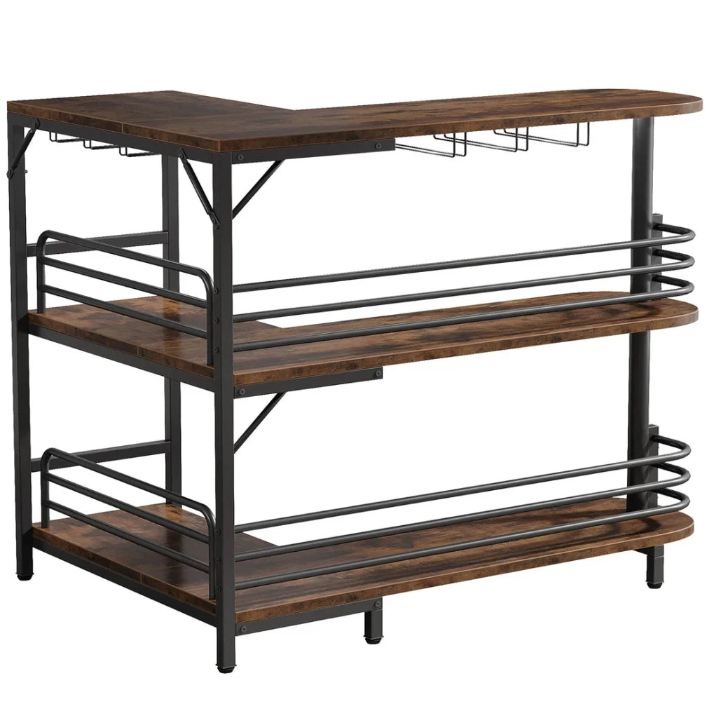 Banco bar angolare ULEVR 120x90x110 cm con 2 ripiani aperti e 6 portabicchieri, nero e marrone rustico