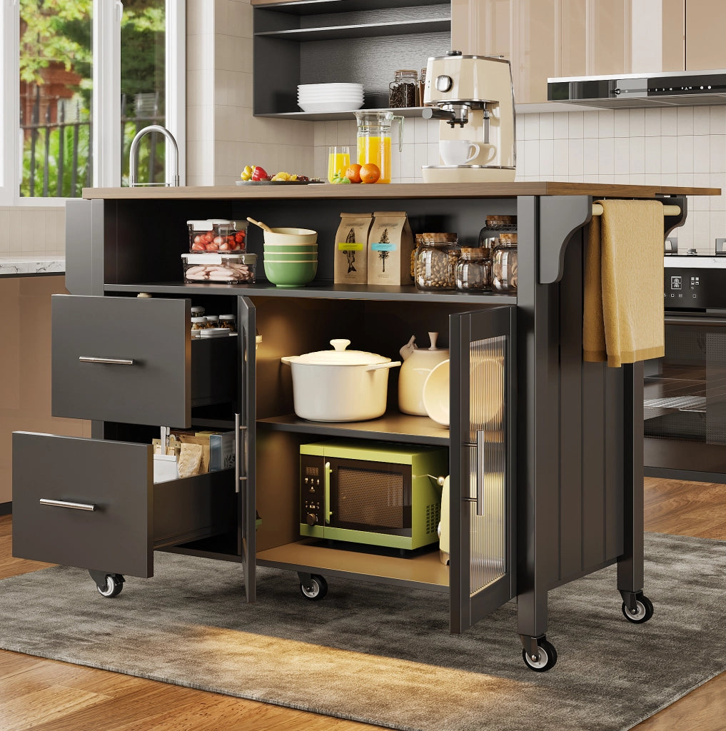 CARRELLO CUCINA 139x40x94 cm Nero MDF con LED e ruote