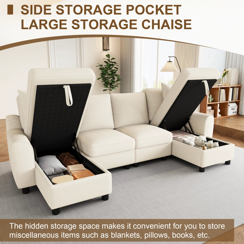 Divano panoramico a U 2 posti modulare in chenille beige con vano contenitore e cuscini 280 × 137 × 84 cm