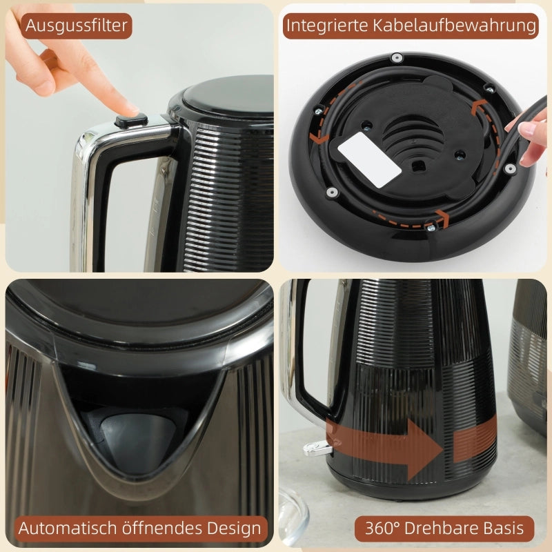Set Bollitore e Tostapane, 1,7 L, Acciaio Inox, Nero, Varie Funzioni