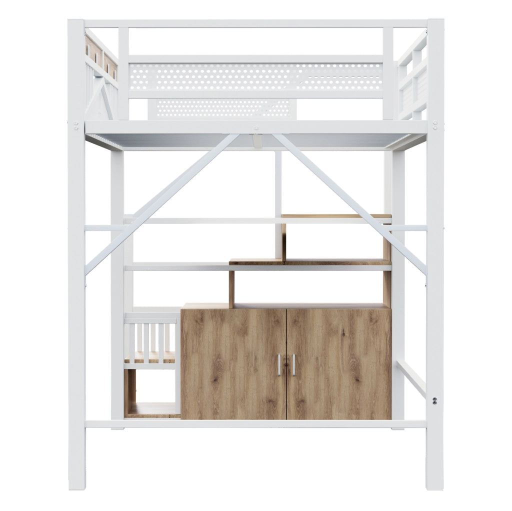 Letto a soppalco in metallo 140x200 cm con scala e spazio contenitivo