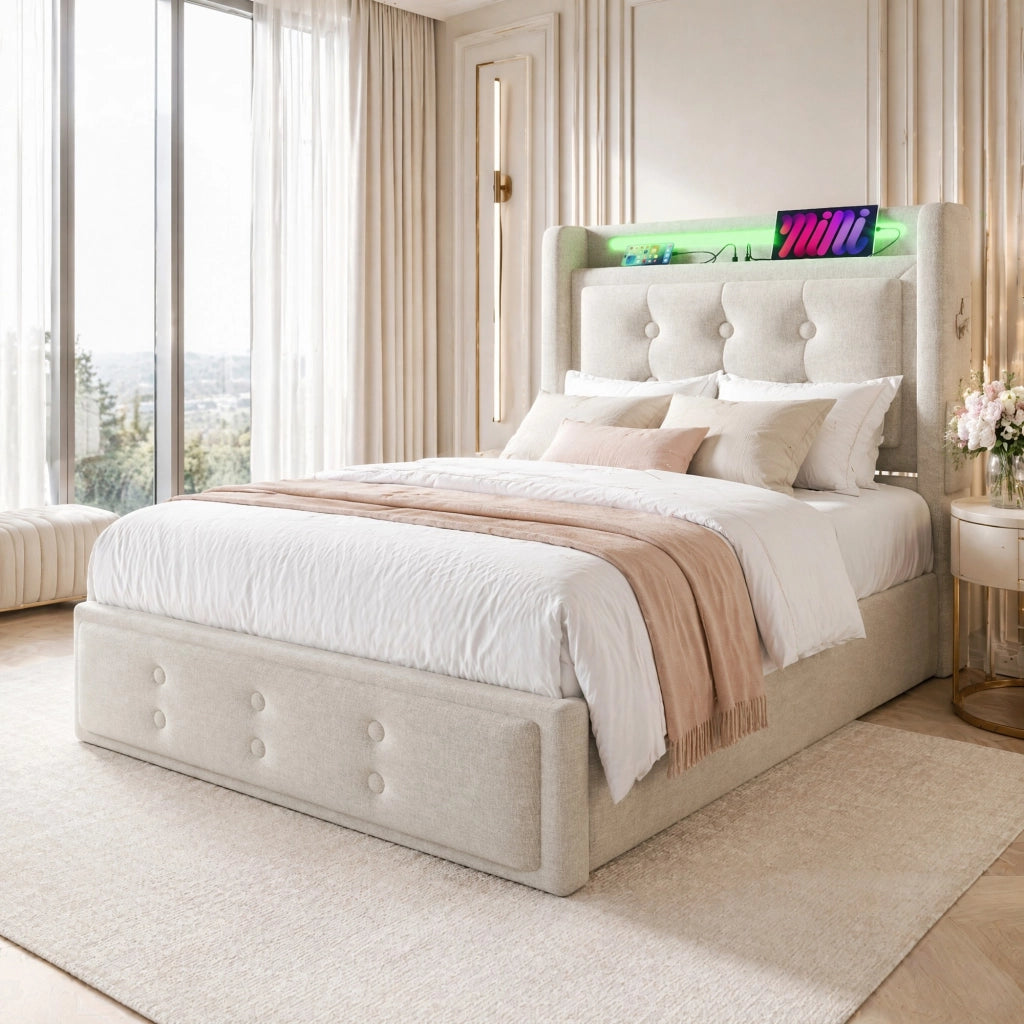 Letto singolo contenitore 90 × 200 cm con LED; USB e Type-C; cotone-lino beige