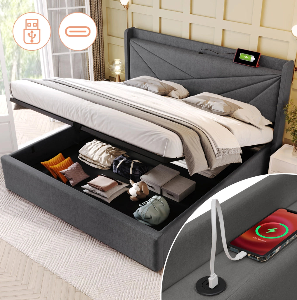 Letto matrimoniale imbottito con contenitore, testiera con ricarica USB e Type-C, 180x200 cm