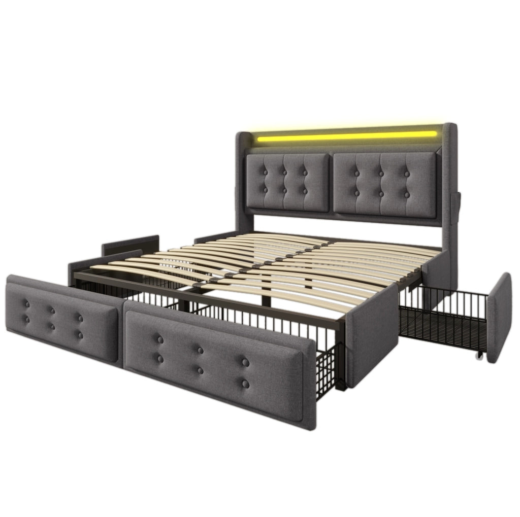 Letto 180x200 cm con LED, USB e USB-C, 4 cassetti in cotone-lino grigio