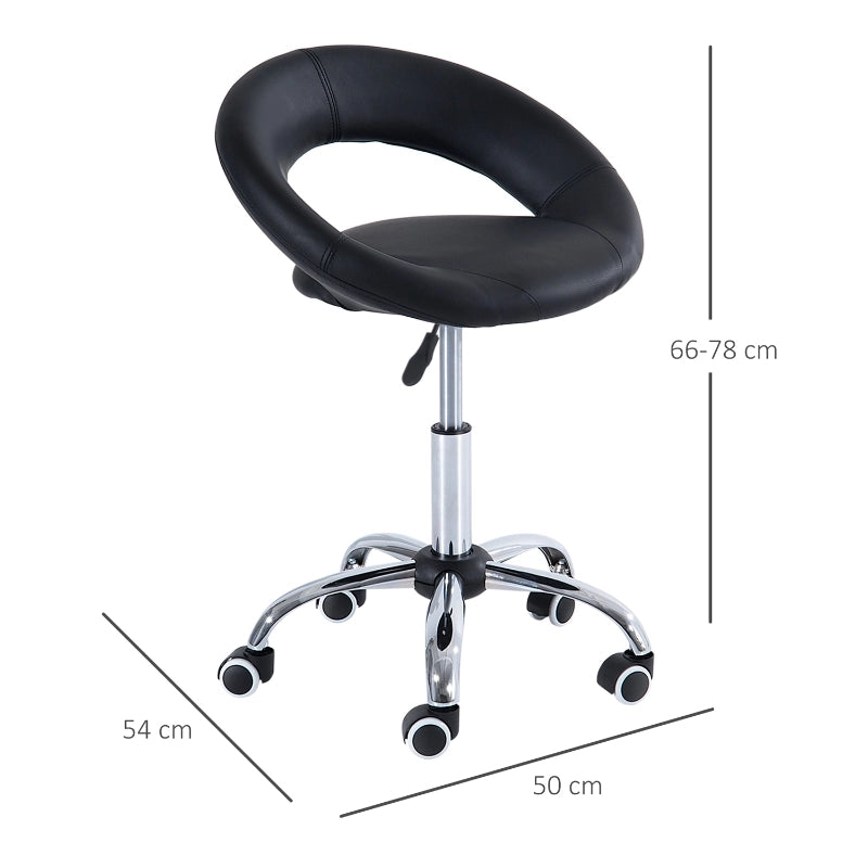 Sgabello da lavoro con ruote nero in similpelle e metallo, girevole, altezza regolabile 45-57 cm