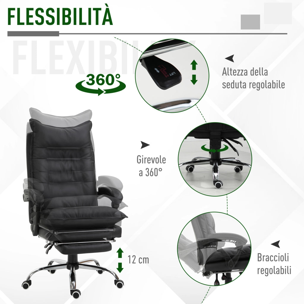 Sedia Ufficio Ergonomica Reclinabile 155¡ã con Poggiapiedi, Sedia Scrivania in Finta Pelle Facile da Pulire, Braccioli Imbottiti, Girevole e Altezza Regolabile, Nero