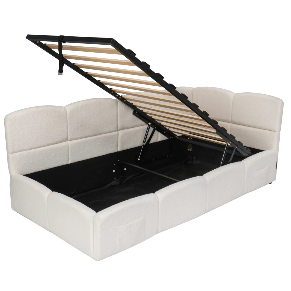 Letto contenitore 90x200 cm con USB A e USB C; tasche laterali; tessuto bouclé beige
