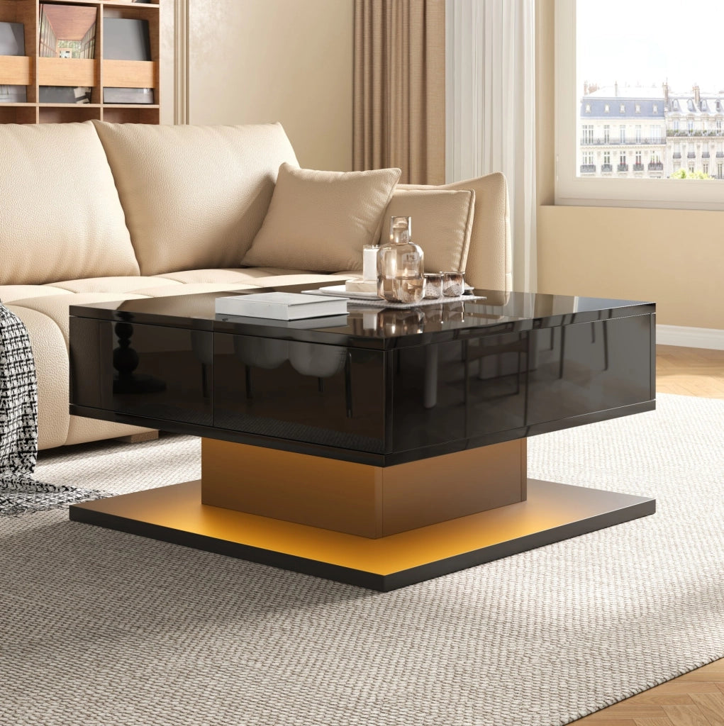 Tavolino da salotto 72x72 cm con piano elevabile, LED App e cassetti nero