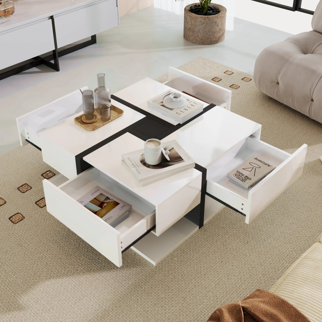 Tavolino da salotto quadrato con 4 cassetti e ripiano inferiore, finitura lucida, truciolare bianco, 78 × 78 × 36 cm