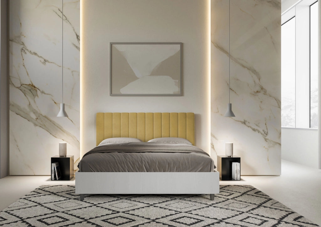 BS COM Letto matrimoniale senza rete 160x190 bianco frassino testata microfibra ocra