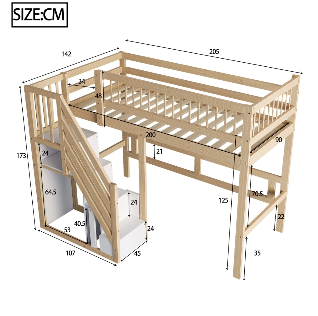 Letto rialzato per bambini 90x200 cm con scala contenitore; in legno