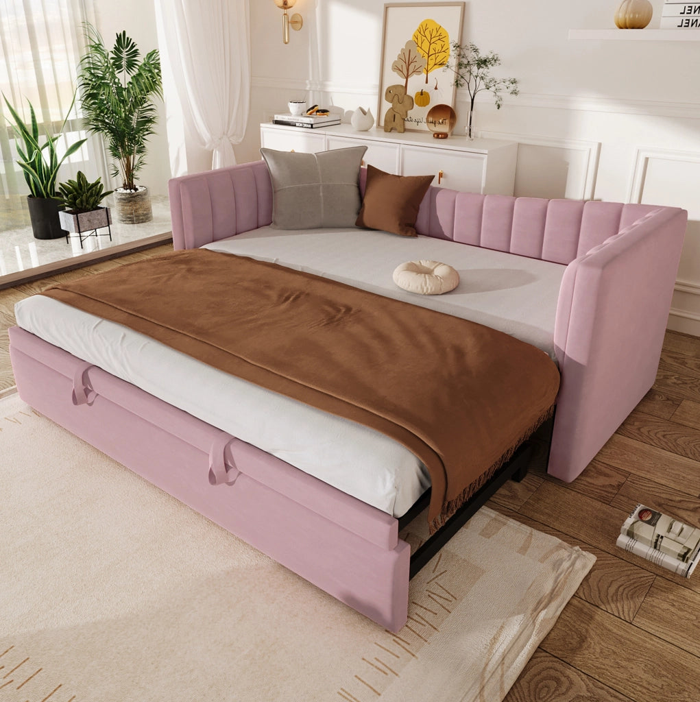 Letto daybed imbottito 90x200 cm con letto estraibile, in velluto rosa