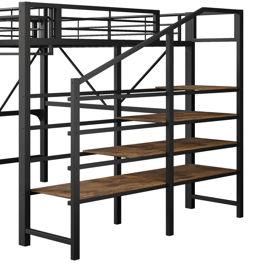LETTO a soppalco 140x200 cm in metallo e MDF nero con scala e LED