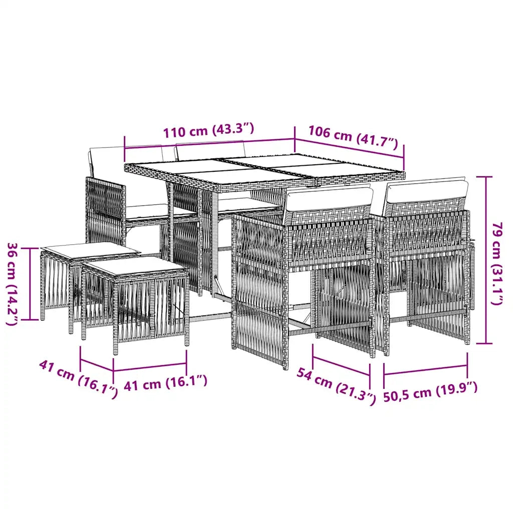 Set da Pranzo da Giardino 9 pz | Set Salotto da Giardino con Cuscini in Polyrattan Grigio