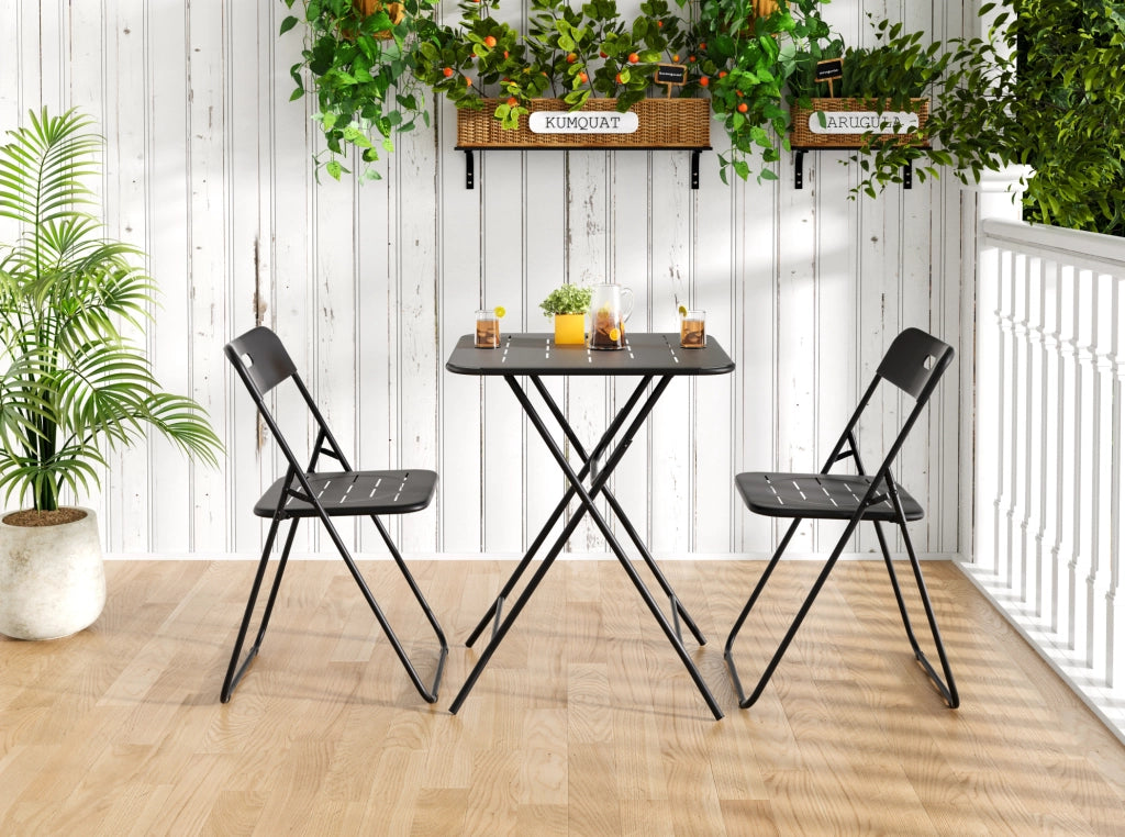 Set da giardino pieghevole in acciaio nero, 3 pezzi
