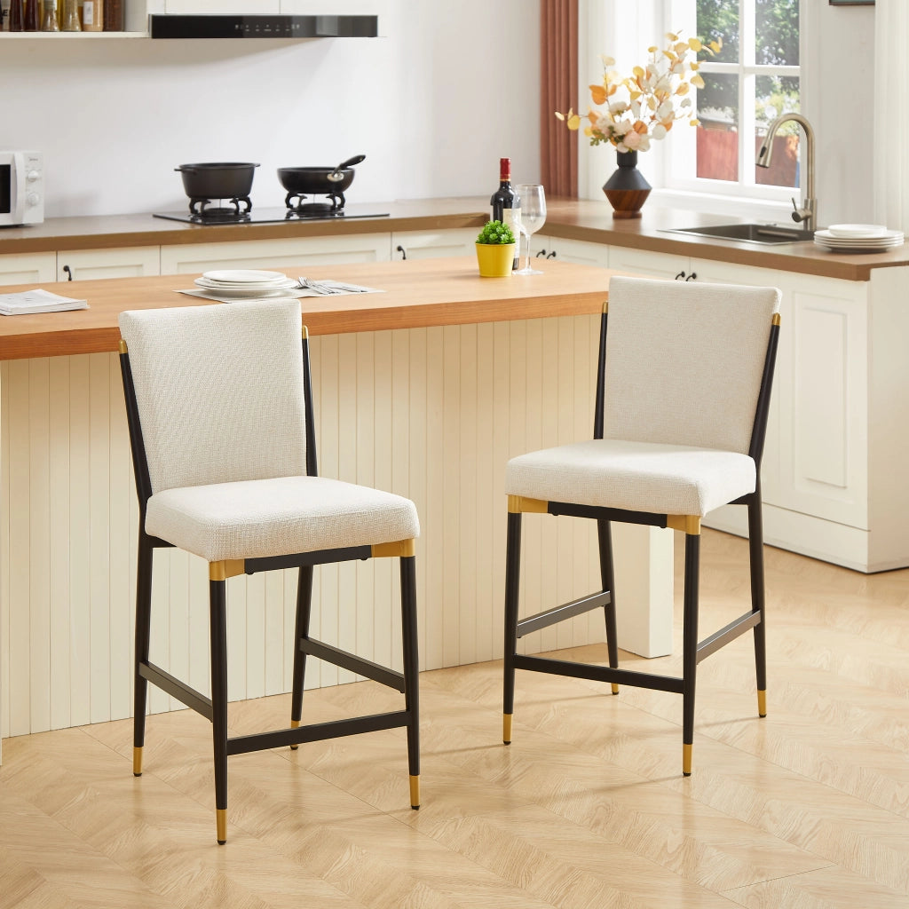 Set di 2 sgabelli da bar in stile scandinavo con poggiapiedi rettangolare, seduta in tessuto beige e struttura metallica