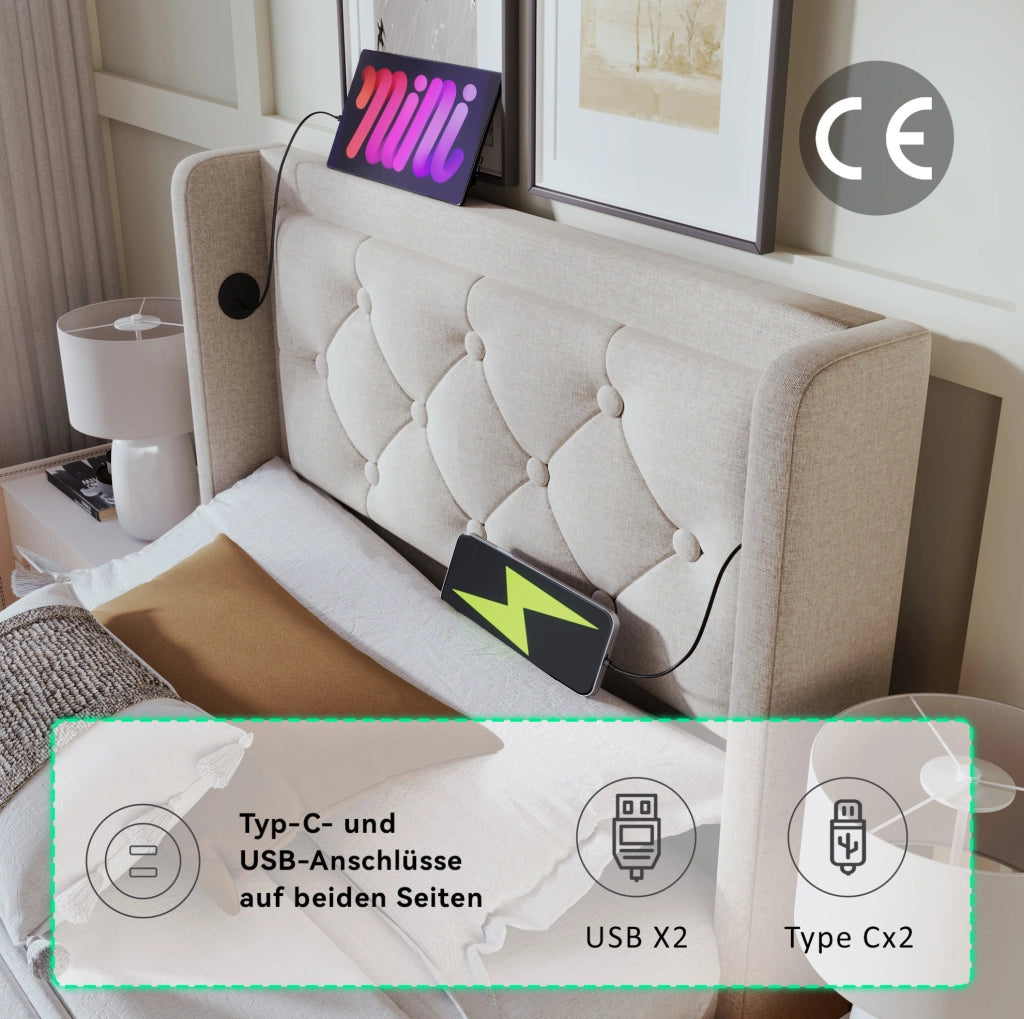 Letto contenitore 90 × 200 cm beige in cotone con LED; USB e Type-C