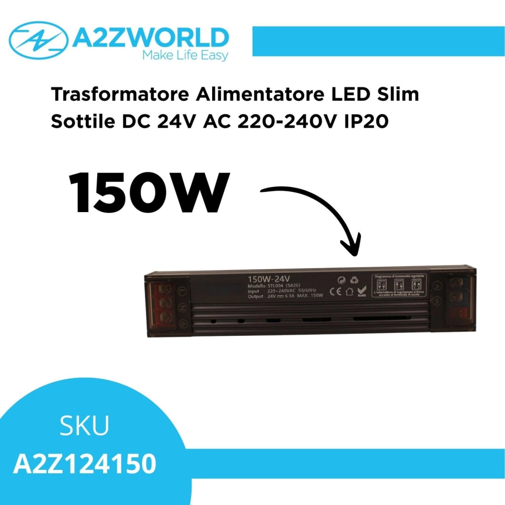 Trasformatore LED slim 24V dimmerabile DIP, alimentatore sottile IP20 uso interno, Disponibili 60W 100W 150W 200W 300W (150W)