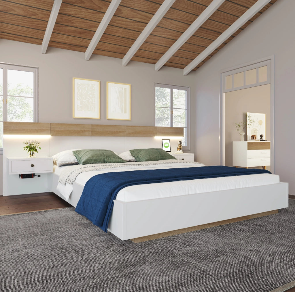 Letto matrimoniale con 2 comodini LED e prese USB/Tipo C, 160x200 cm