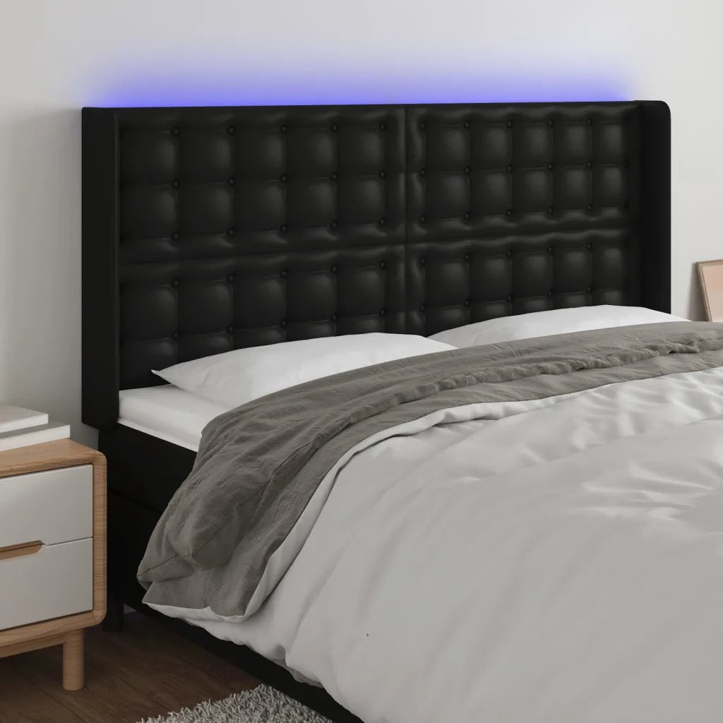 Testiera | Testata a LED Nera 183x16x118/128 cm in Similpelle