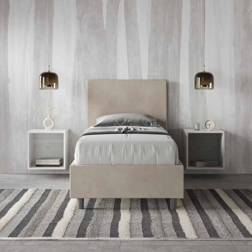 Letto singolo con rete imbottito 80x190 microfibra sabbia Adele