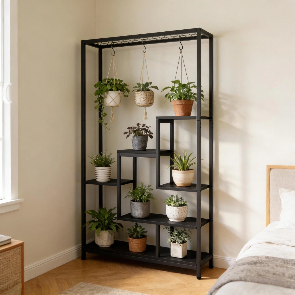 PORTAFIORI a scala 7 ripiani Nero Metallo e legno