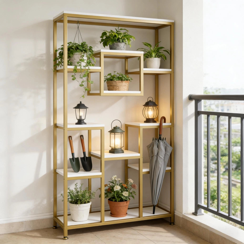 LIBRERIA Geometrica 11 ripiani aperti in metallo e legno oro e bianco