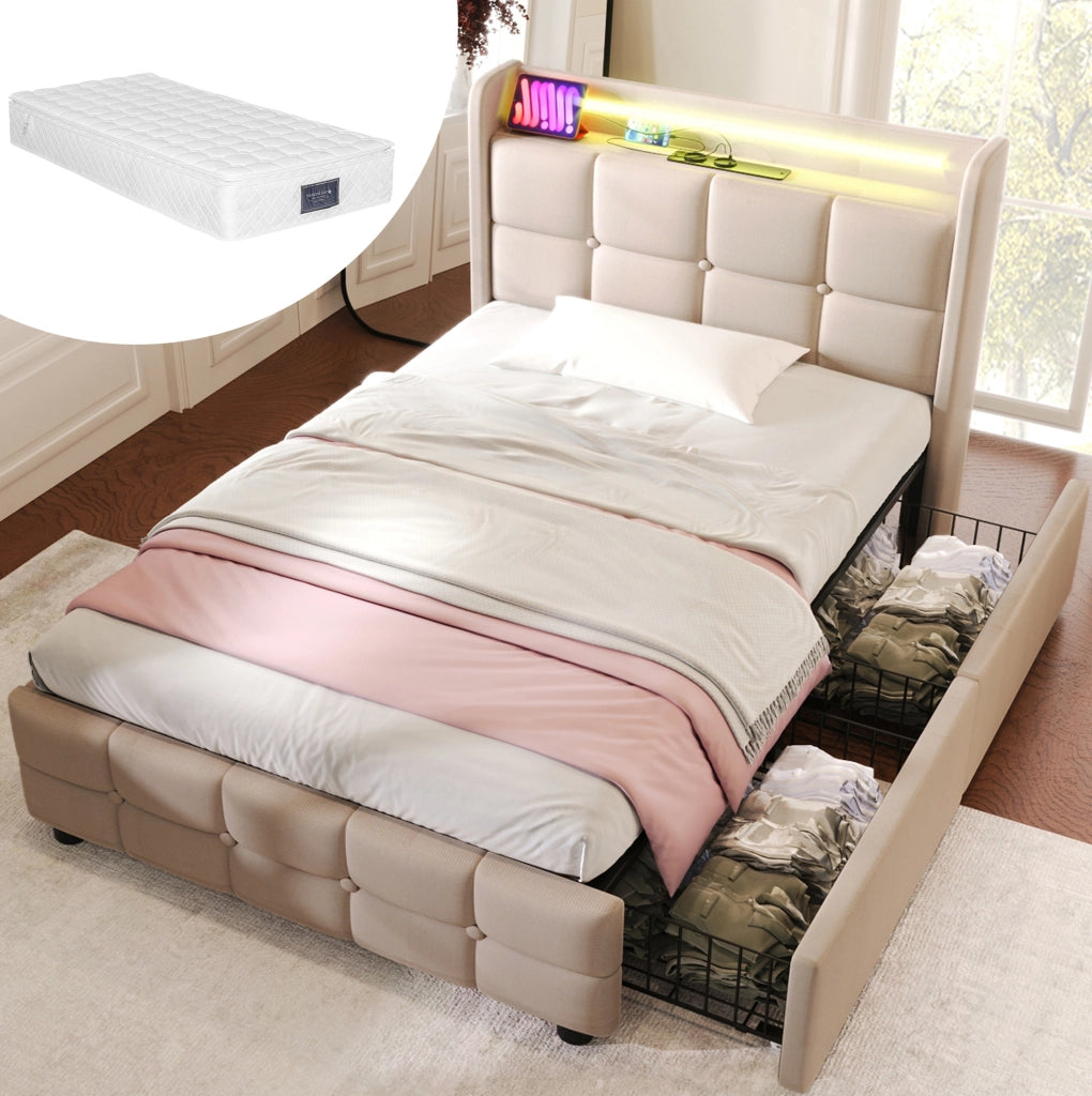 Letto singolo 90x200 cm con USB; LED e 2 cassetti; beige