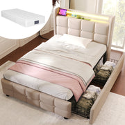 Letto singolo 90x200 cm con USB; LED e 2 cassetti; beige