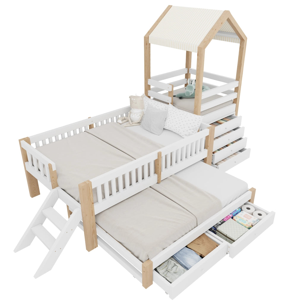 Casetta a castello bambini in legno massello 90 x 200 cm con letto estraibile 90 x 190, scala a 4 cassetti e tetto in tessuto, bianco e legno naturale