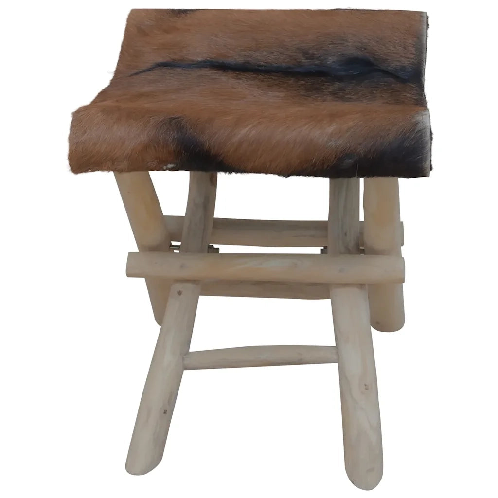 Sgabello Pieghevole in Pelle di Capra e Legno di Teak CFW1192439