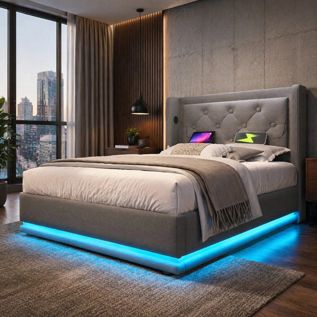 Letto singolo contenitore 90x200 cm grigio con LED e USB-C