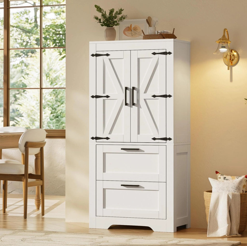 Credenza alta stile fienile con 2 cassetti, bianca
