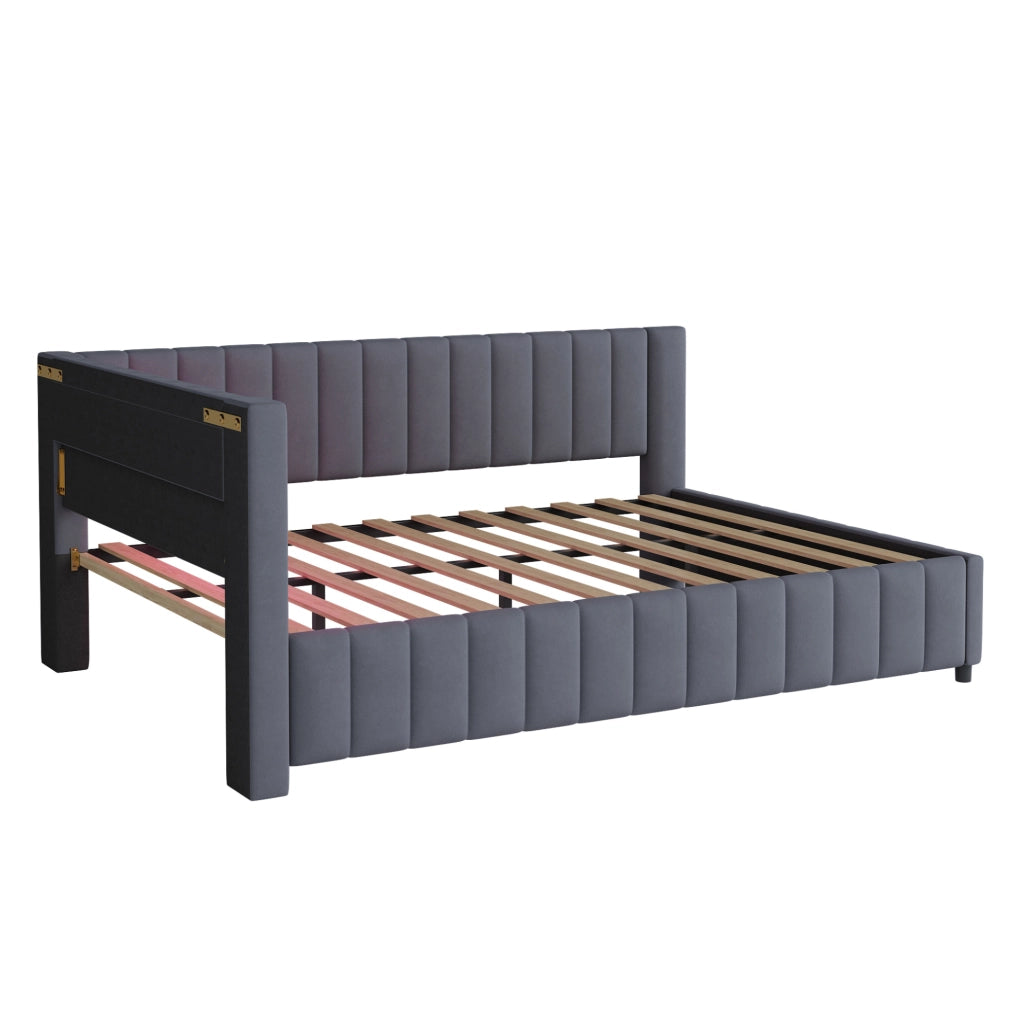 Divano letto imbottito L con rete a doghe, LED e porta USB, 140x200 cm, grigio
