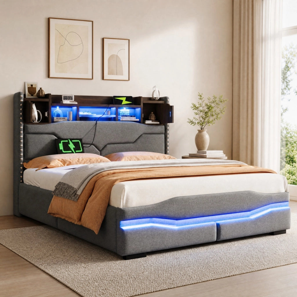 Letto matrimoniale contenitore 140 × 200 cm in lino e MDF con LED prese USB e tipo C
