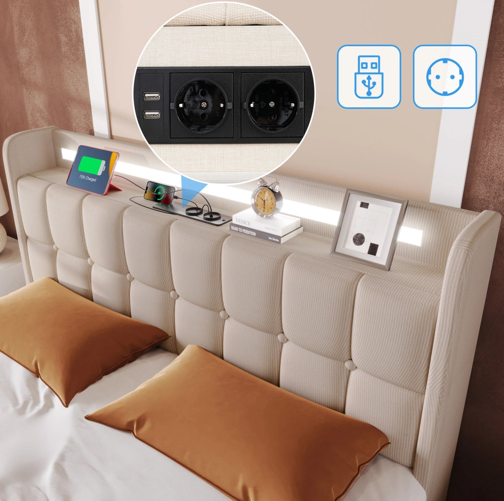 Letto singolo 90x200 cm con USB; LED e 2 cassetti; beige