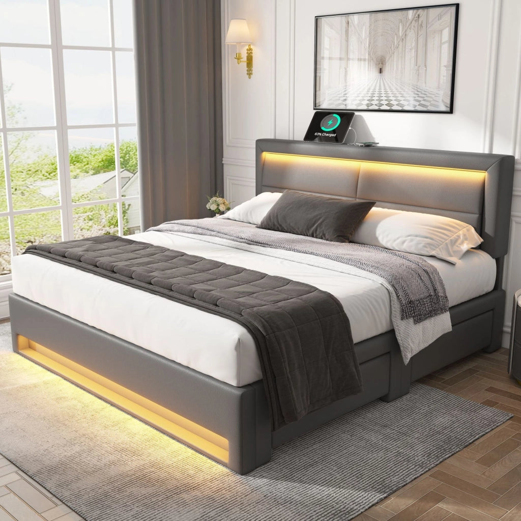 Letto imbottito 140x200 cm in PU grigio con USB; LED e 4 cassetti