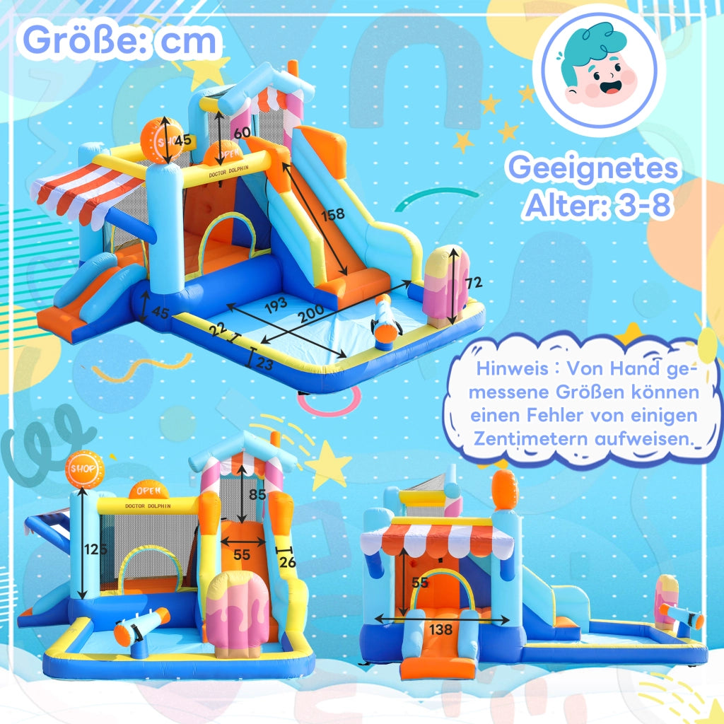 Castello Gonfiabile per Bambini con Ventilatore 450W, Parco Acquatico Multifunzione Esterno con Trampolino, Scivolo d'Acqua, Mini Scivolo, Fontana e Pistole ad Acqua