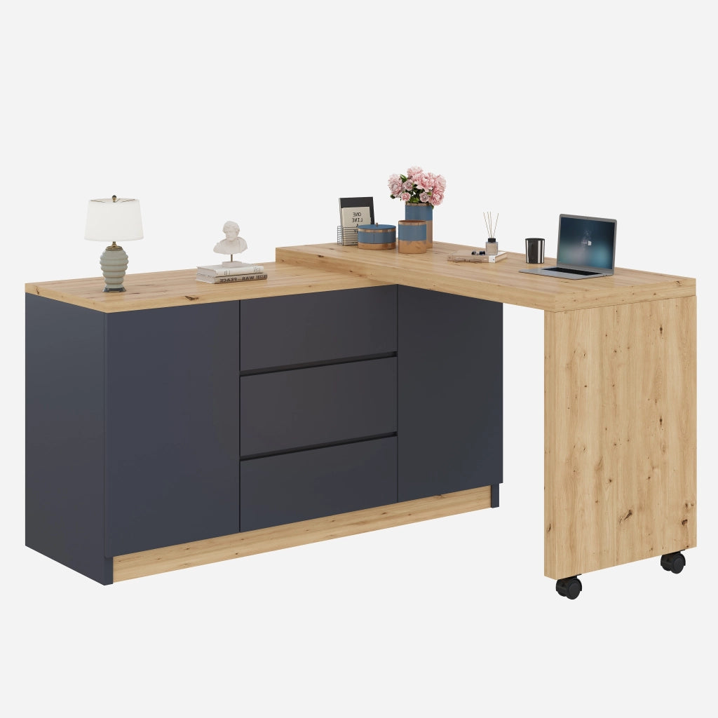Scrivania con ruote bloccabili ¨C design multifunzionale, piano girevole spesso 4 cm, bloccabile, grigio/quercia, scrivania pieghevole, scrivania ad angolo, sideboard