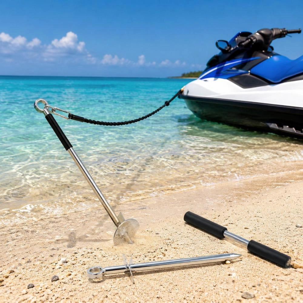 Sand Anchor For Beach And Sandbank, 45 Cm Screw Anchor Made Of 316 Stainless Steel With Removable Handle, Bungee Cord And Carrying Bag, For Jet Ski, PWC, Pontoon Kayak