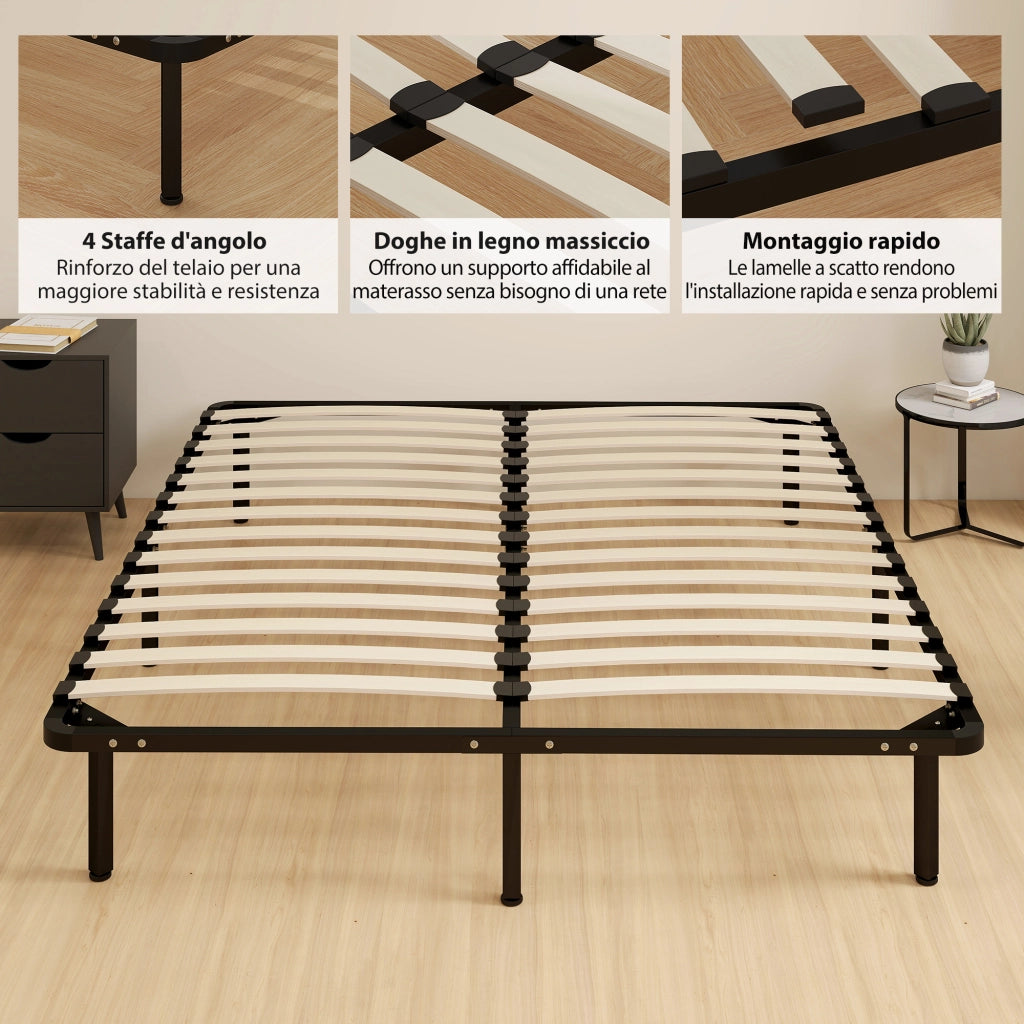 Rete Fissa Letto Matrimoniale 190x160x31 cm a 28 Doghe con Spazio Sottostante in Legno e Acciaio Nero e Legno