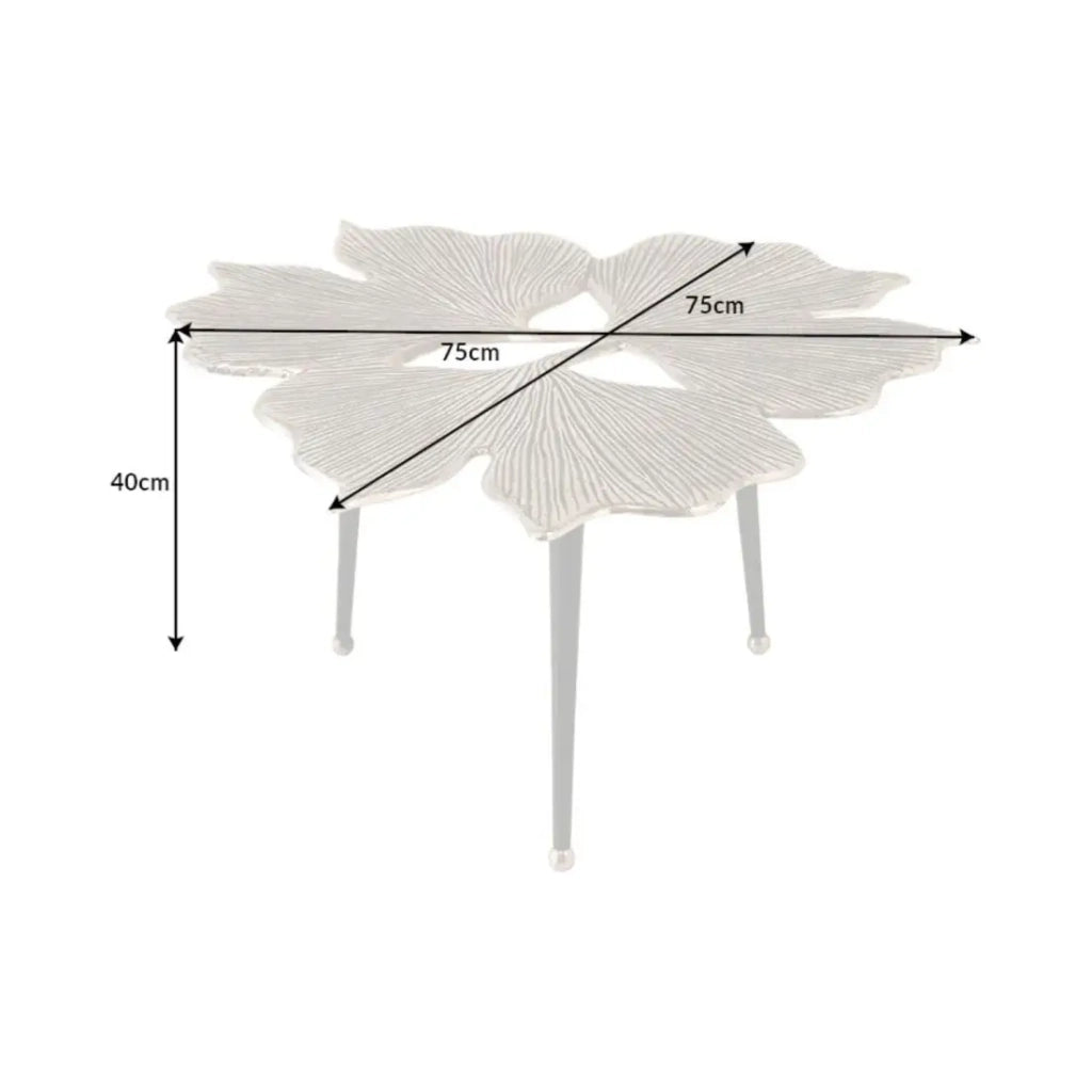 Tavolino basso LOTUSIA argentato 75 cm – Design floreale scolpito in alluminio