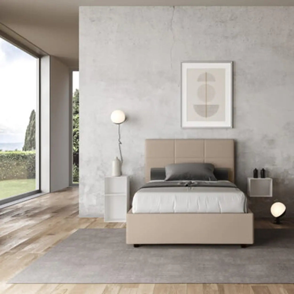 Letto una piazza e mezza contenitore imbottito 120x190 similpelle tortora Mika