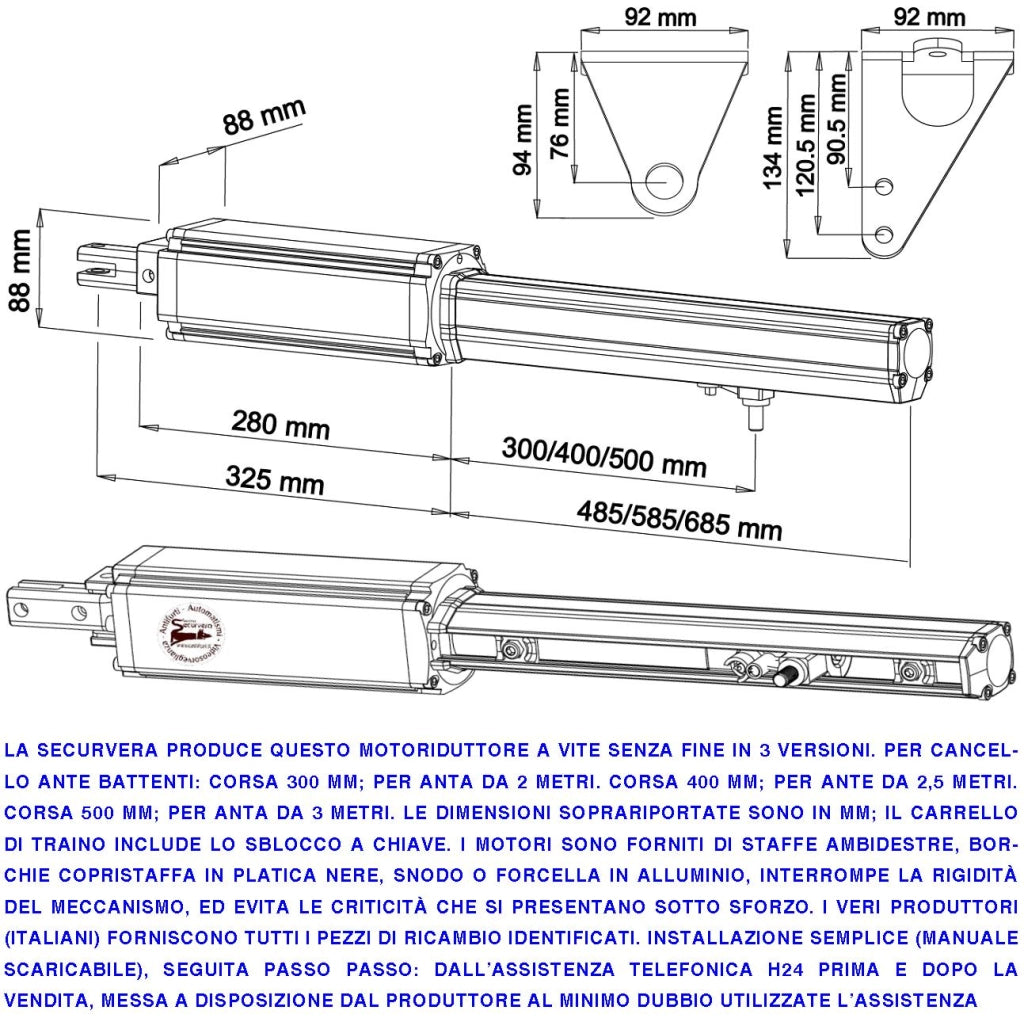 Motori Elettromeccanici 24 Vcc Corsa 300 MM Spinta 2 Q.li Chiave di Sblocco sul Carrello di Traino Per Cancello Automatico da 4 Metri 2 Ante da 2 Metri Completi Kit Staffe Ricambio Adatti per Elettronica BTF Came Serai Misure 910X88X88 mm