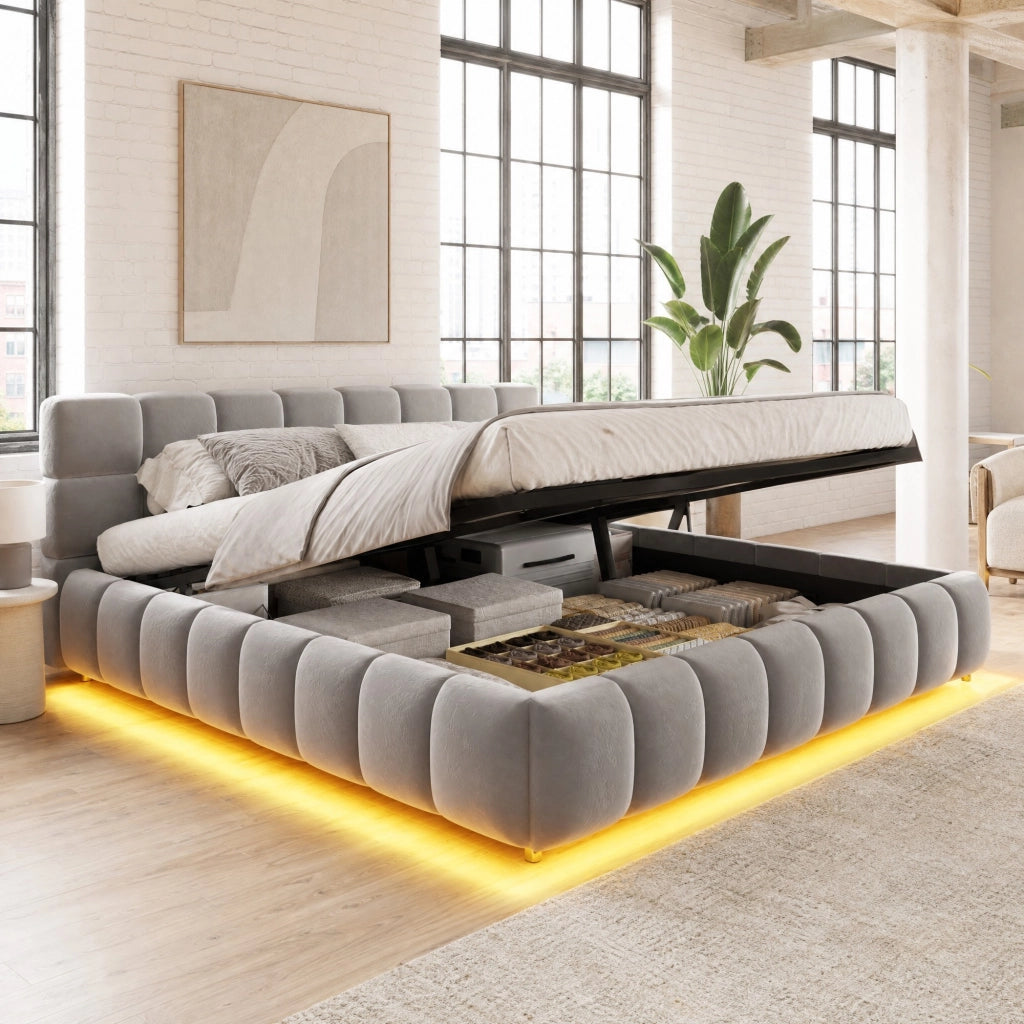 Letto matrimoniale imbottito 160 × 200 cm con contenitore idraulico LED in velluto grigio con rete a doghe
