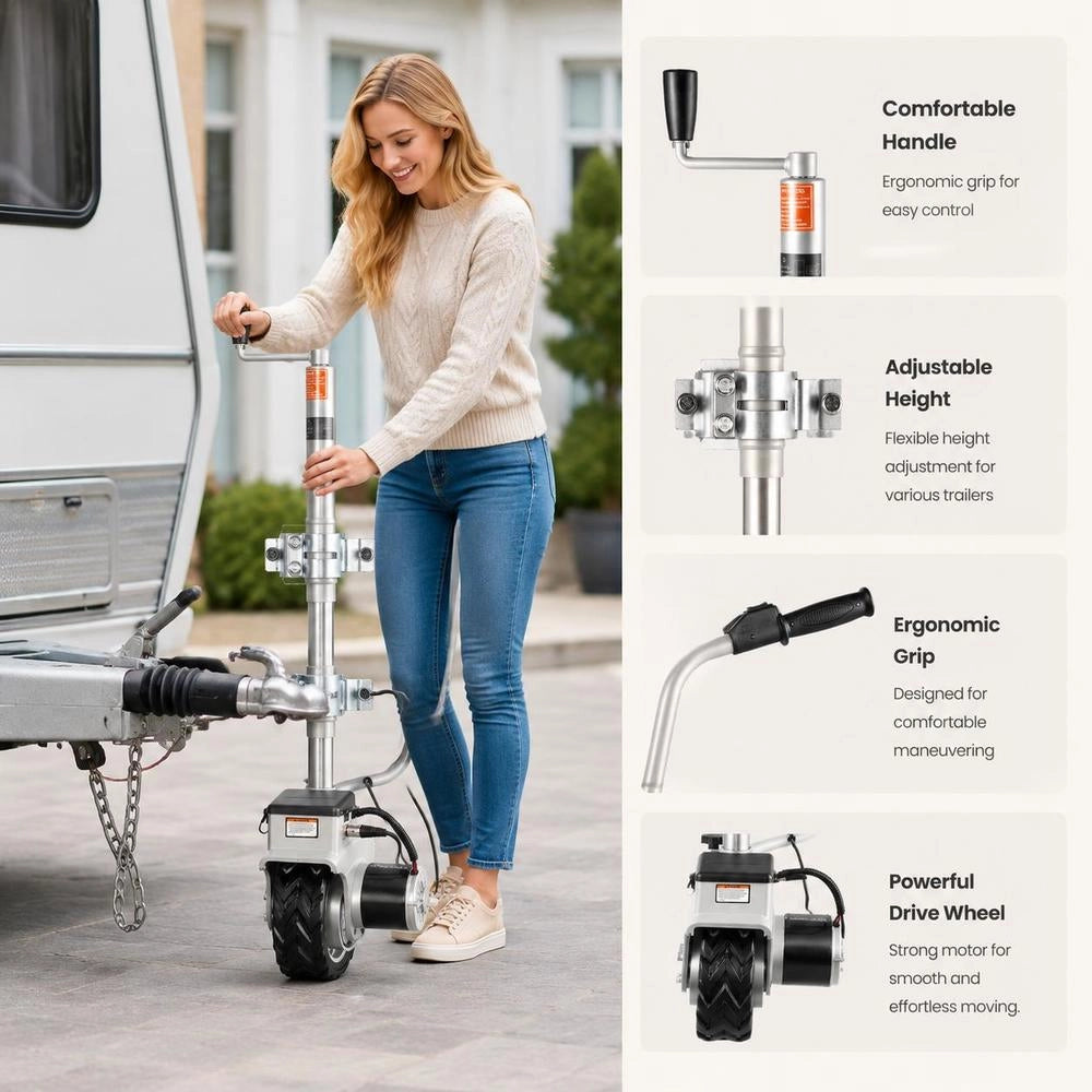 Electric Trailer Dolly, 2.5 T Towing Capacity, 380W 12V Motorized Jockey Wheel With 7 M/min Moving Speed, 31-63 Cm Adjustable Clamp Height & 20.3 Cm Rubber Tire, For Moving Caravan Boat