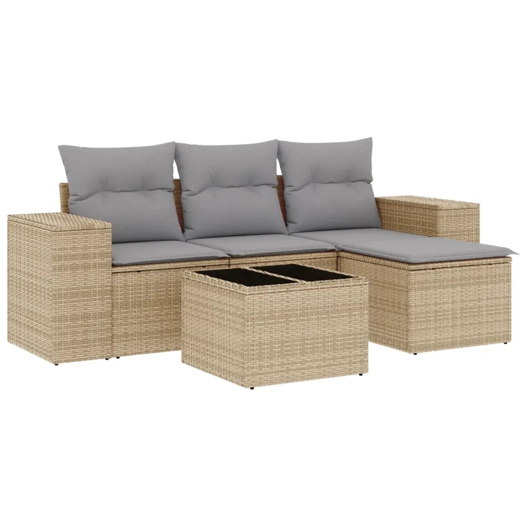 Set Divano da Giardino 5 pz | Set Salotto da Giardino con Cuscini Beige in Polyrattan