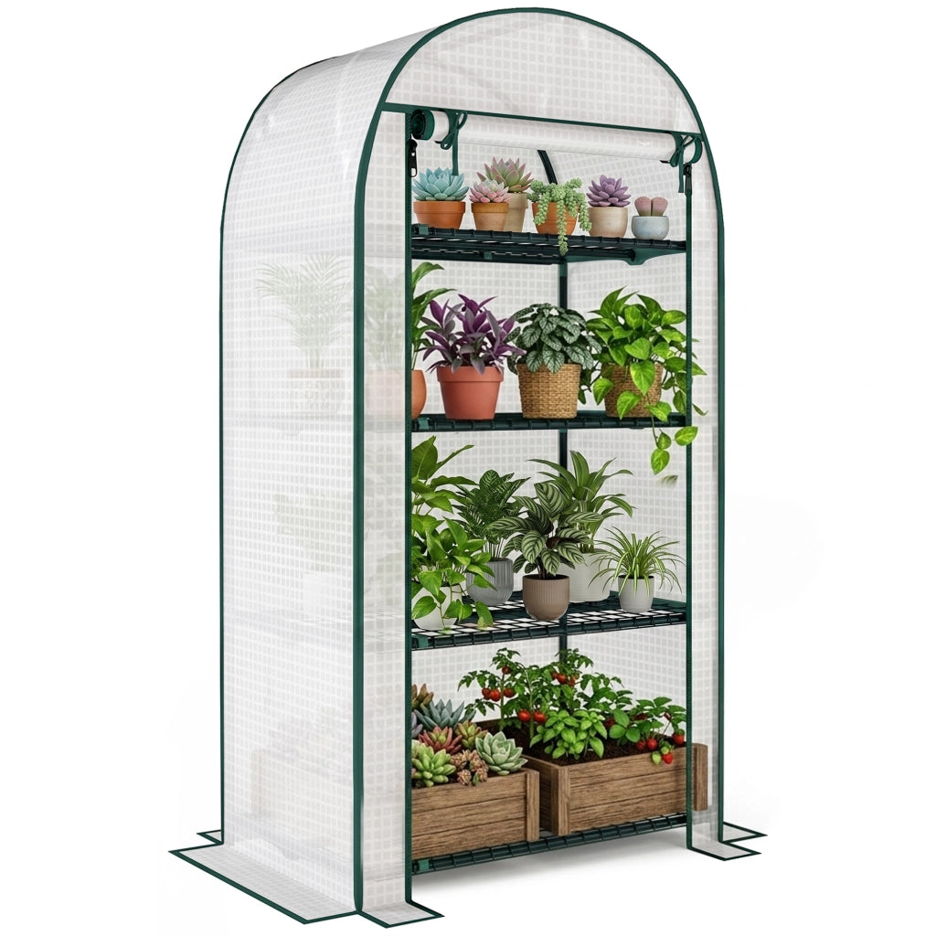 Serra da giardino e balcone con 4 ripiani in acciaio e PE resistente ai raggi UV porta arrotolabile 80 x 50 x 160 cm bianco